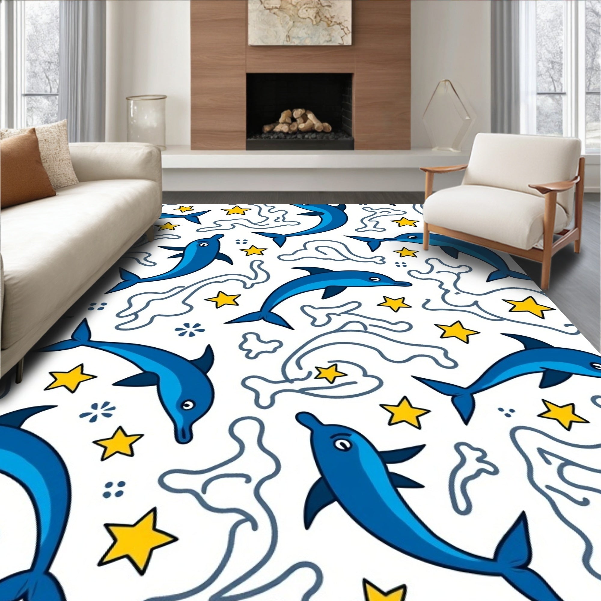 Blue Dolphins And Yellow Stars Rug