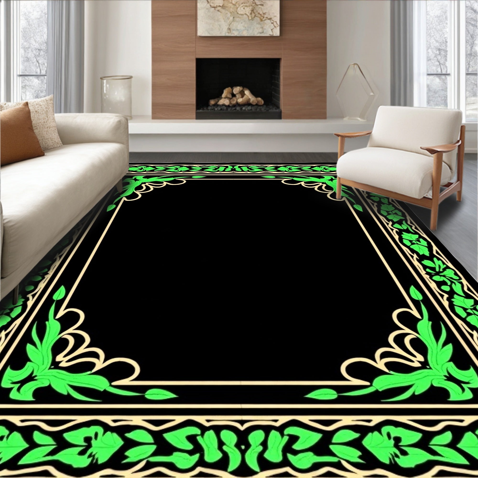 Emerald Vine Leaf Border Rug