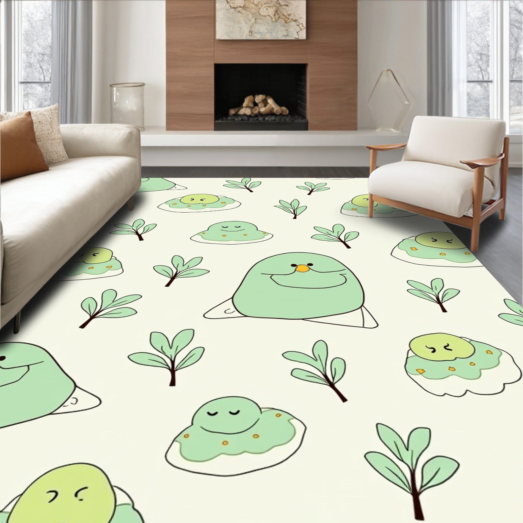 Cute Green Bird and Leaf Pattern Rug