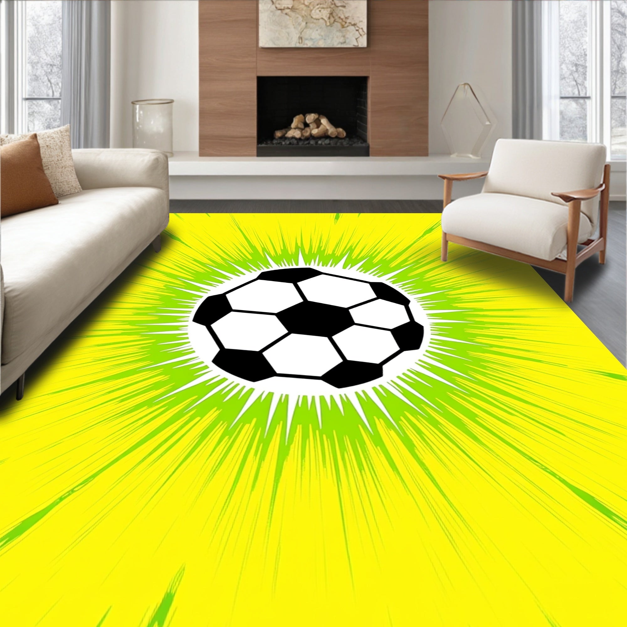 Exploding Yellow Green Soccer Ball Graphic Rug