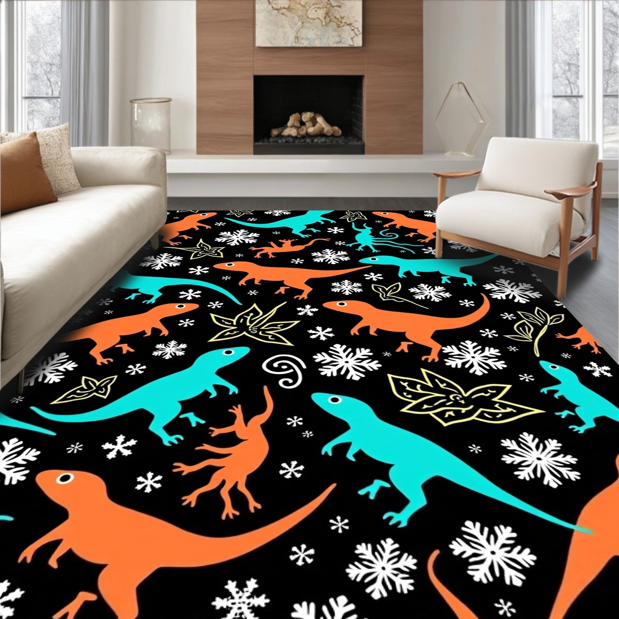 Cartoon Dinosaurs With Snowflakes Rug