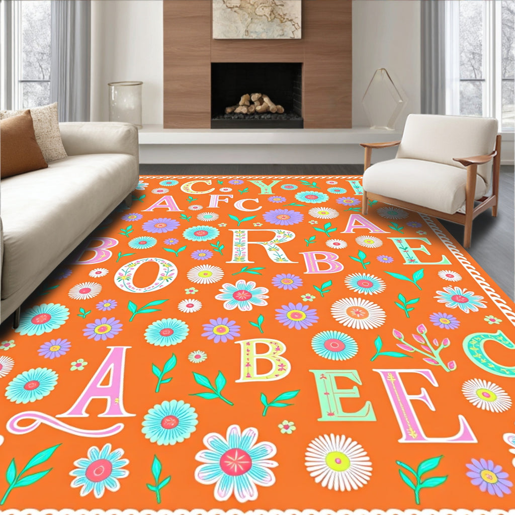 Whimsical Floral Alphabet Orange Rug