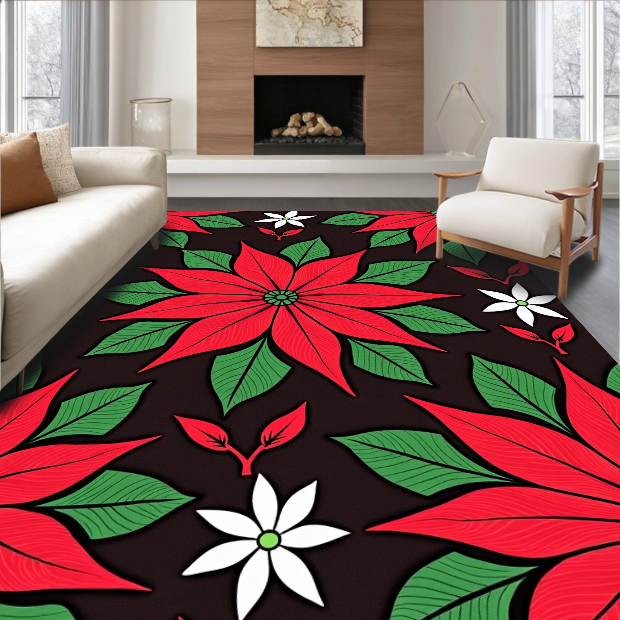 Red Green Floral Petal Garden Rug
