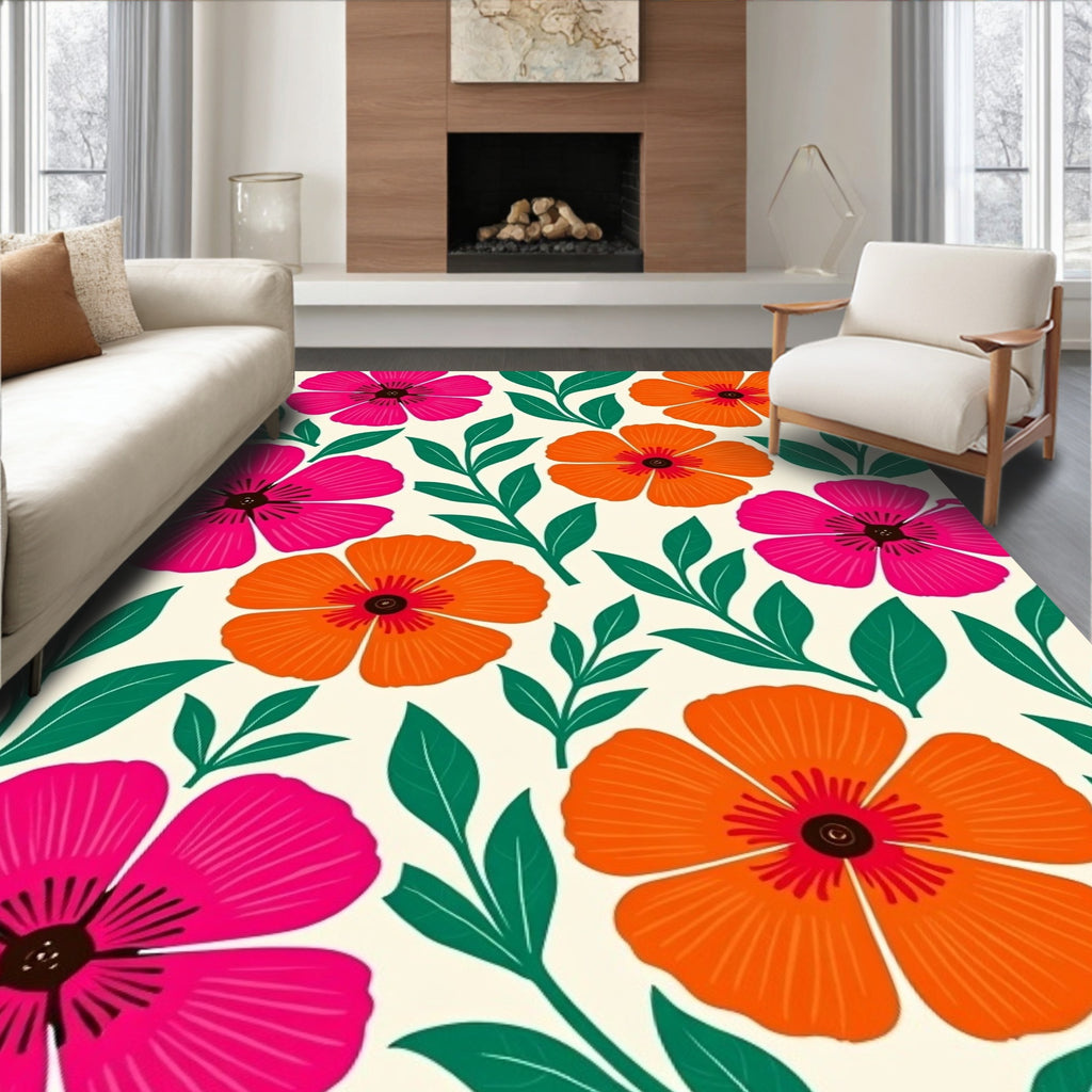Vibrant Pink Orange Floral Foliage Rug