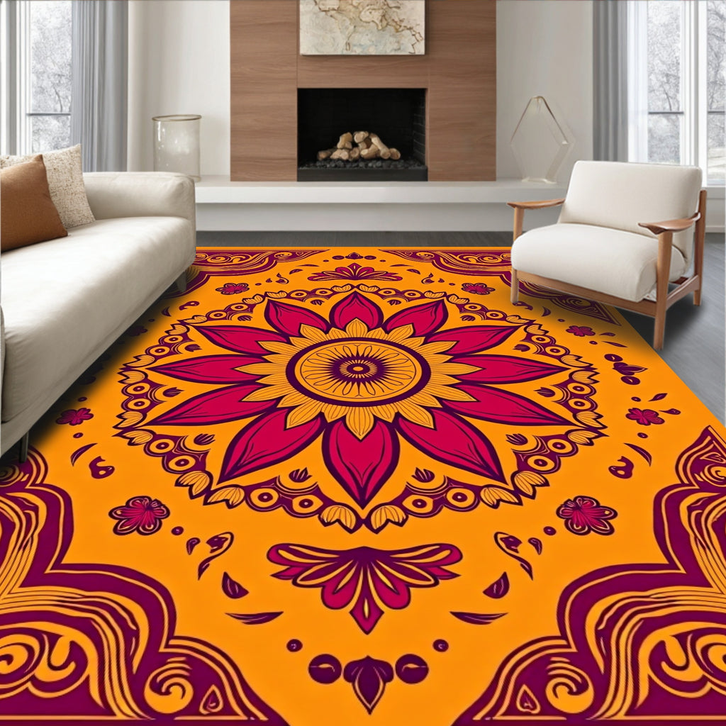 Vibrant Crimson Floral Sunburst Rug
