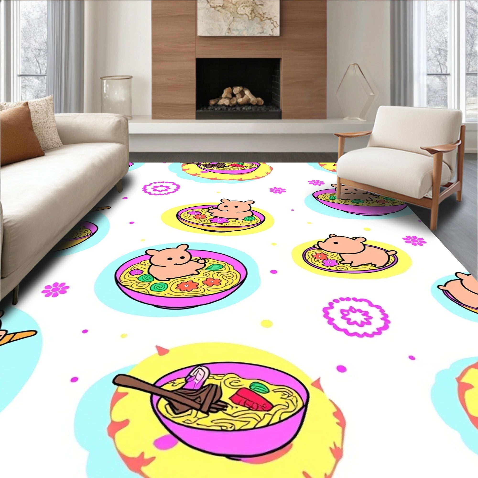 Cute Piggy Ramen Bowl Collage Rug