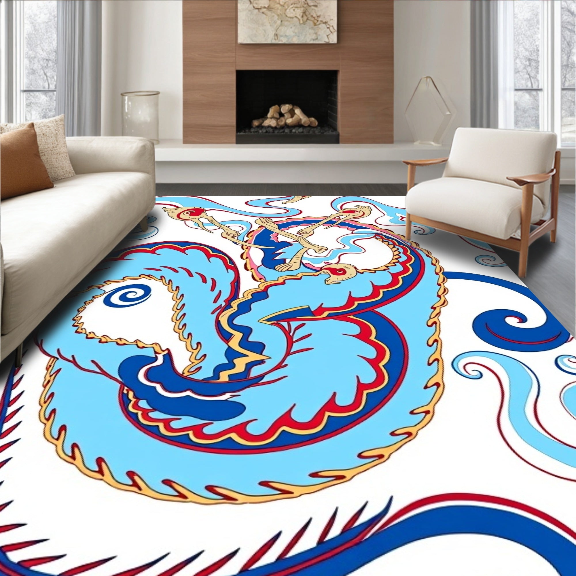 Sky Blue Red Golden Dragon Swirl Rug