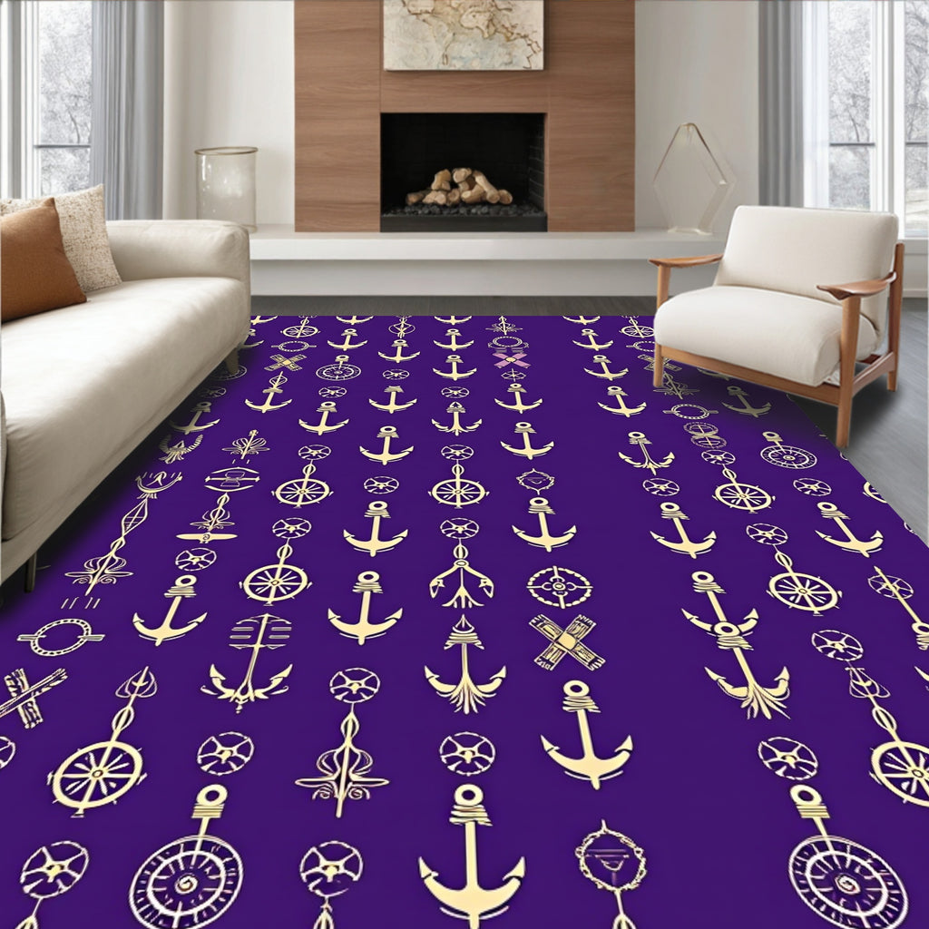 Golden Nautical Anchor Ships Wheel Rug