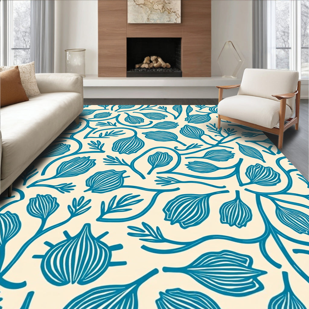 Teal Botanical Swirl Cream Rug