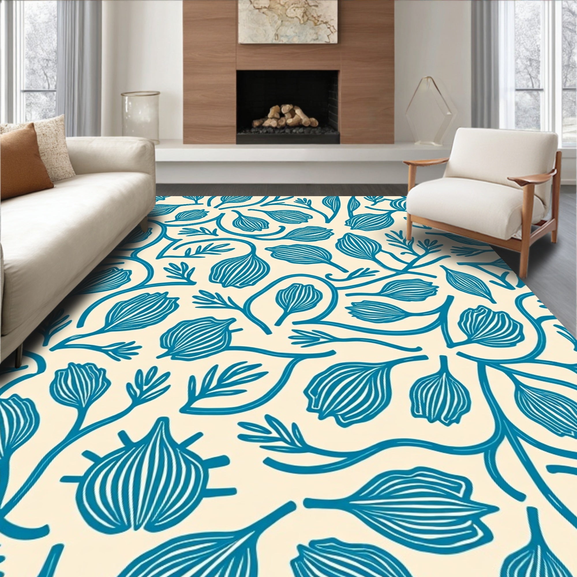 Teal Botanical Swirl Cream Rug