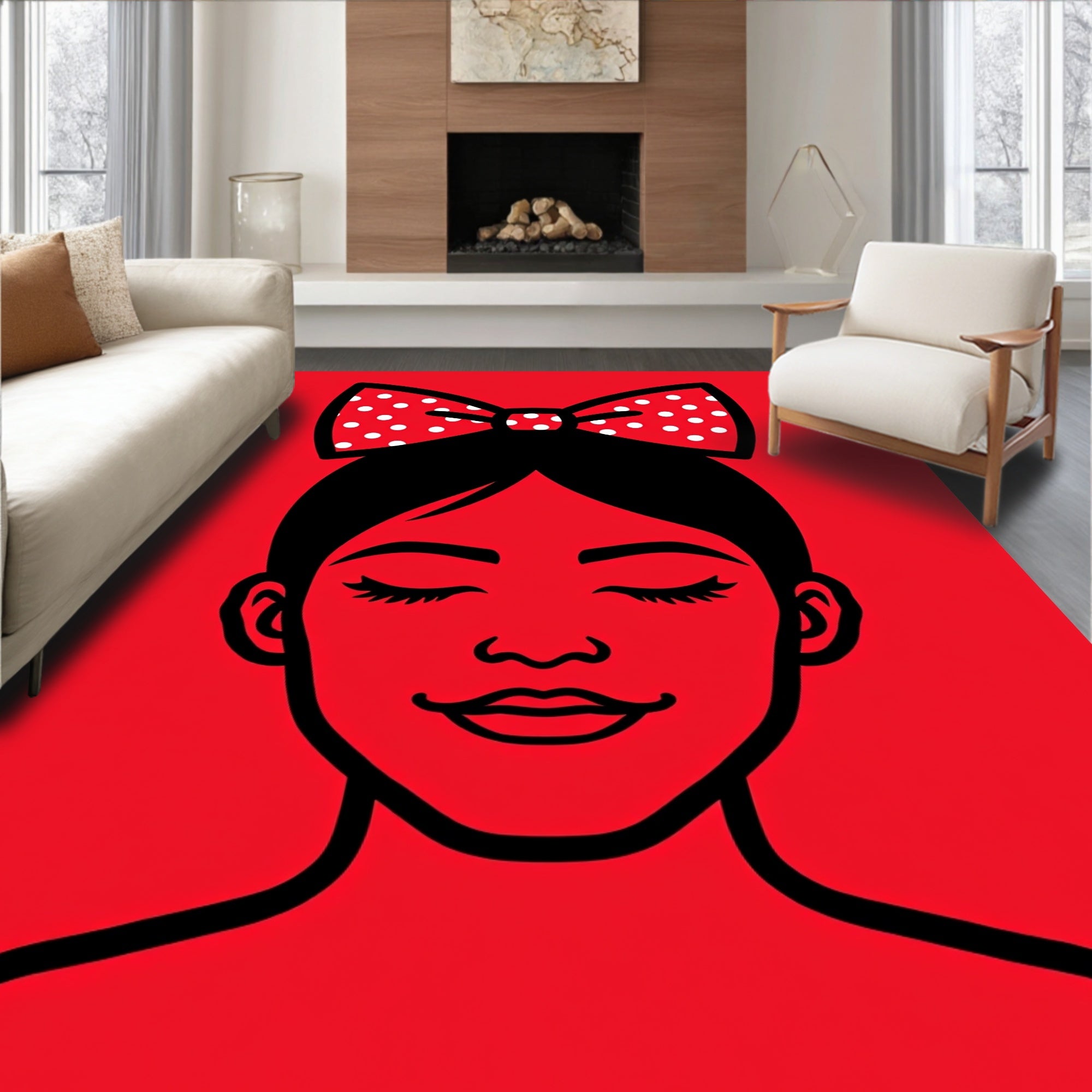 Whimsical Red Polka Dot Bow Girl Rug
