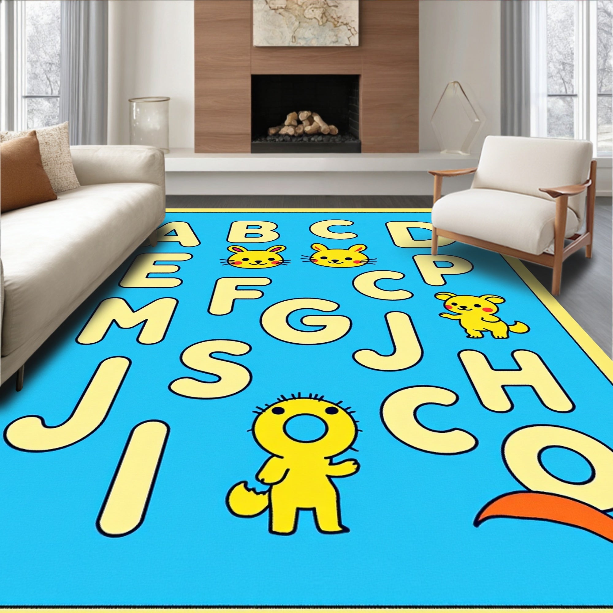 Yellow Alphabet Characters Cute Animals Rug