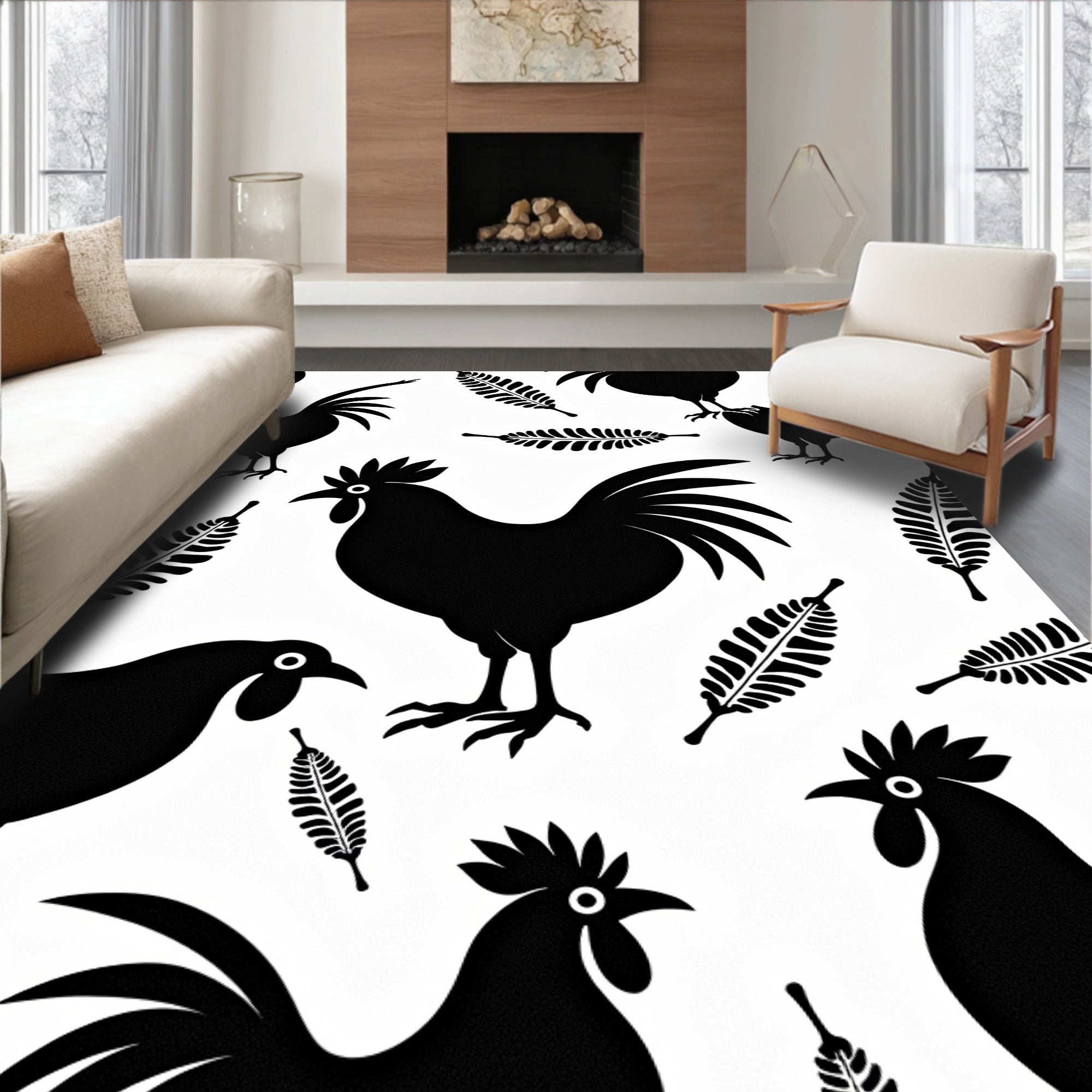 Black Rooster and Fern Silhouette Rug