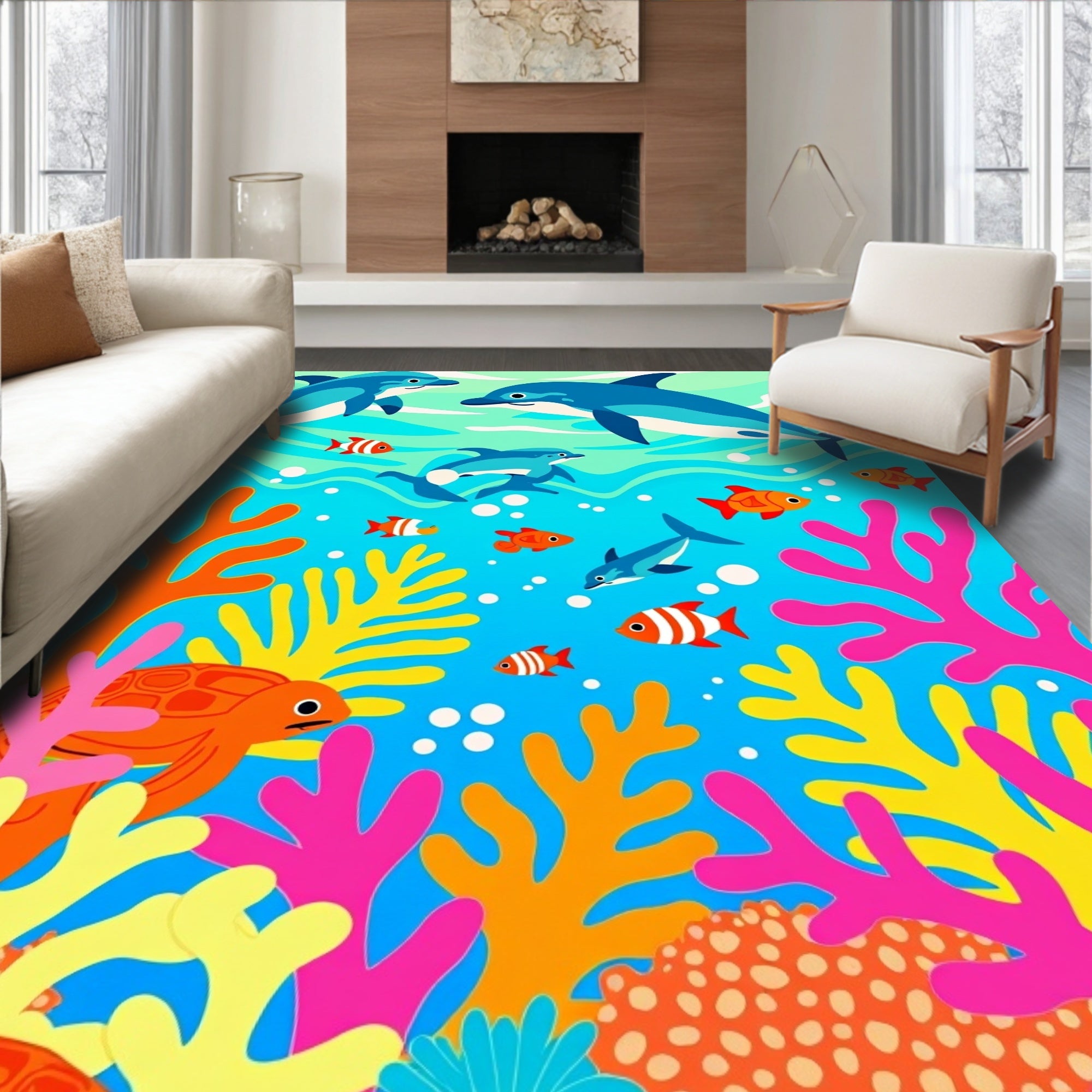 Vibrant Coral Reef Dolphin Scene Rug