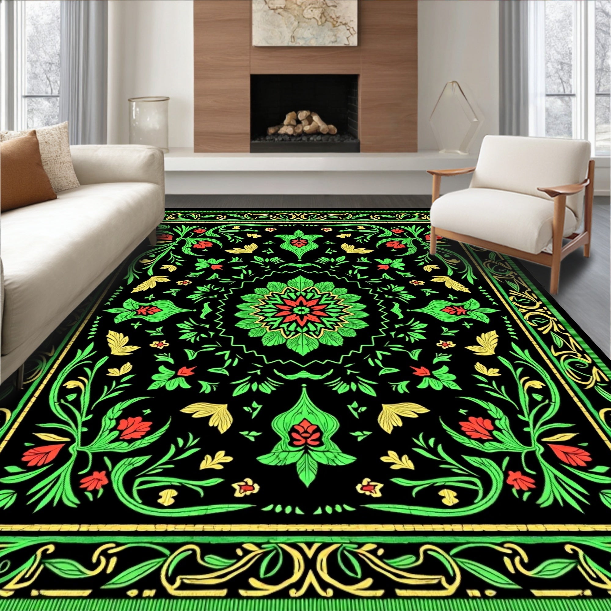 Vibrant Red Green Floral Medallion Rug