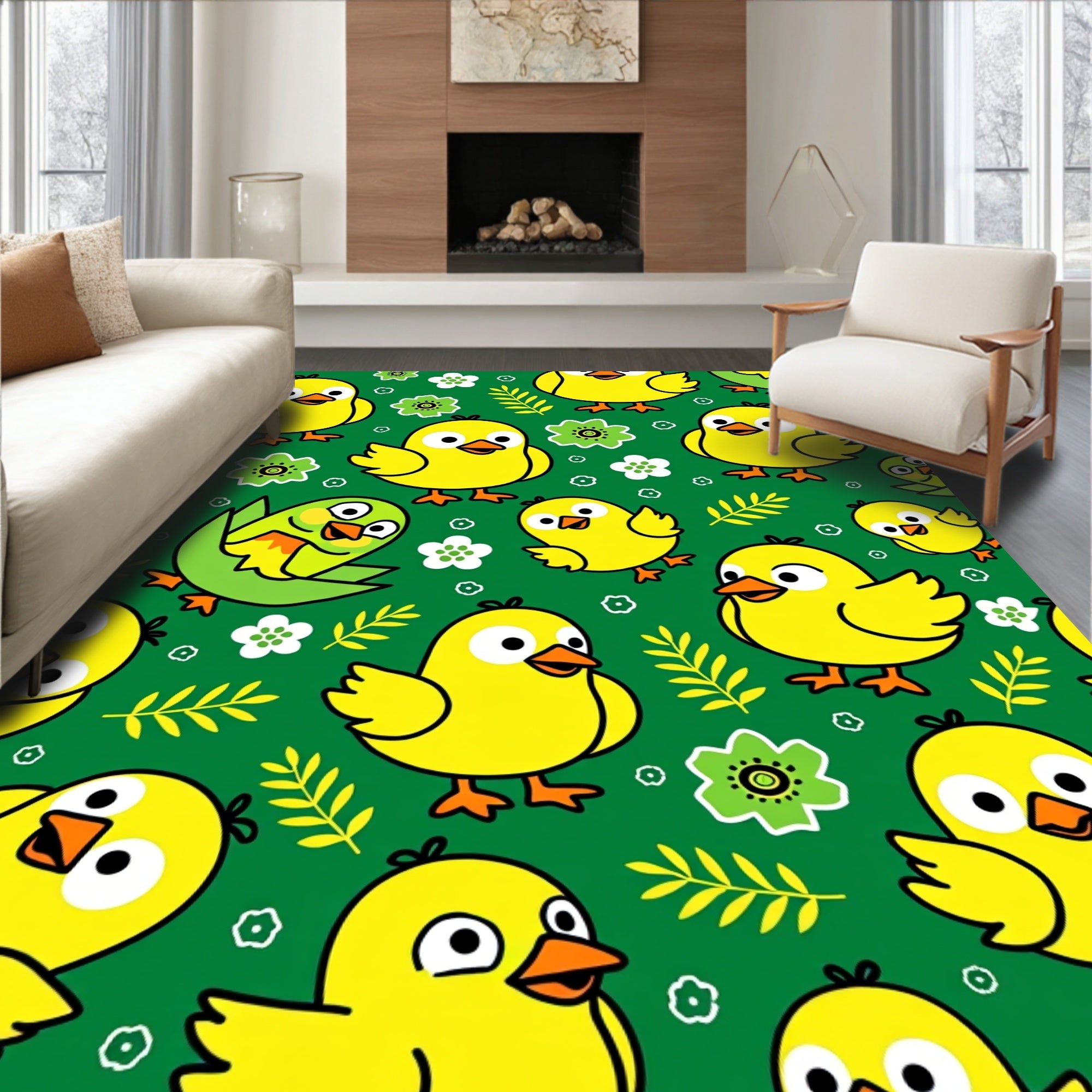 Cute Yellow Chicks With Green Floral Accents Rug