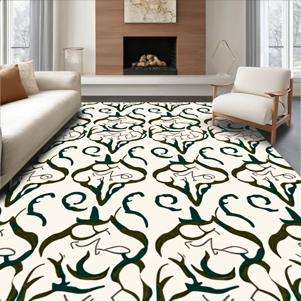 Cream Dark Green Organic Scroll Medallion Rug