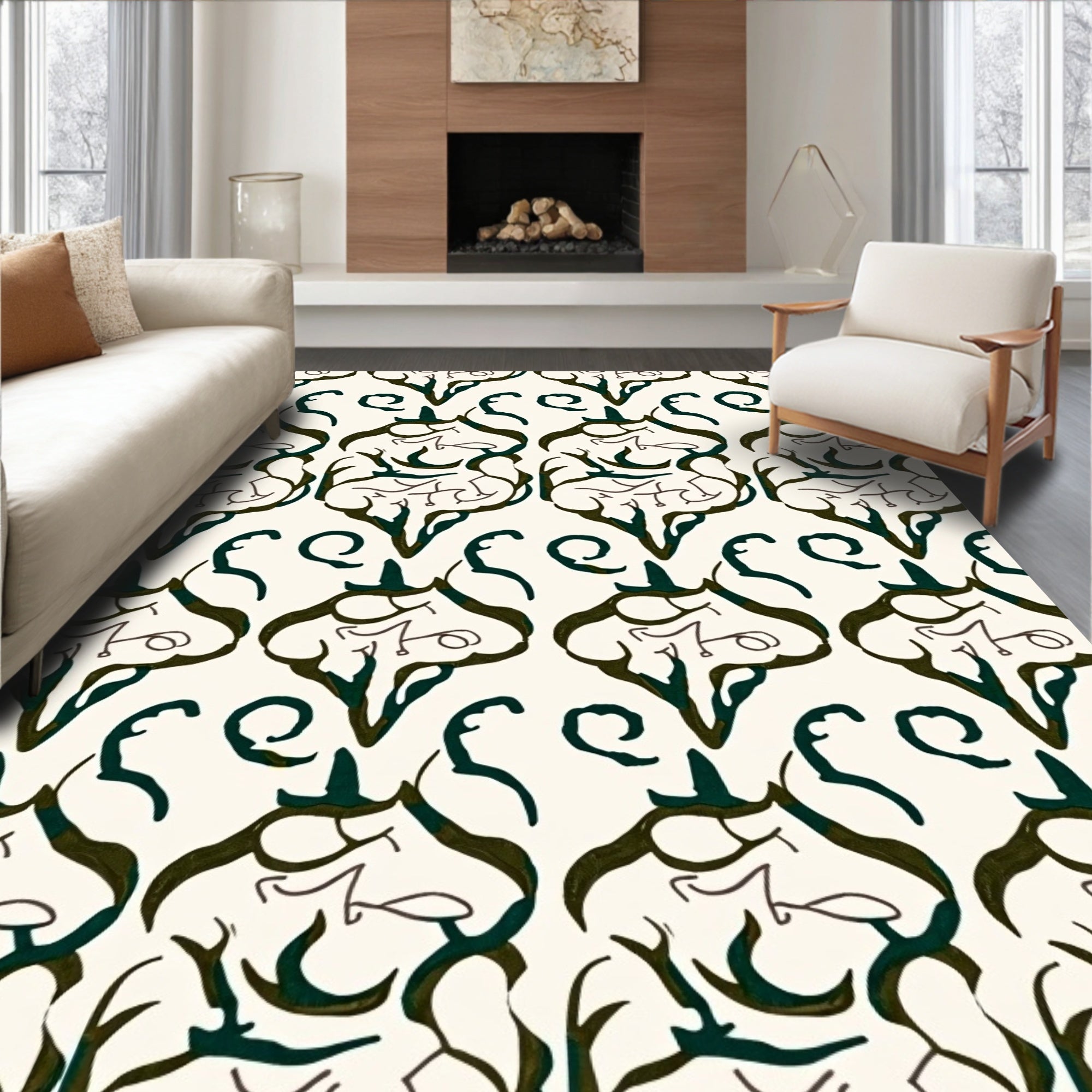 Cream Dark Green Organic Scroll Medallion Rug