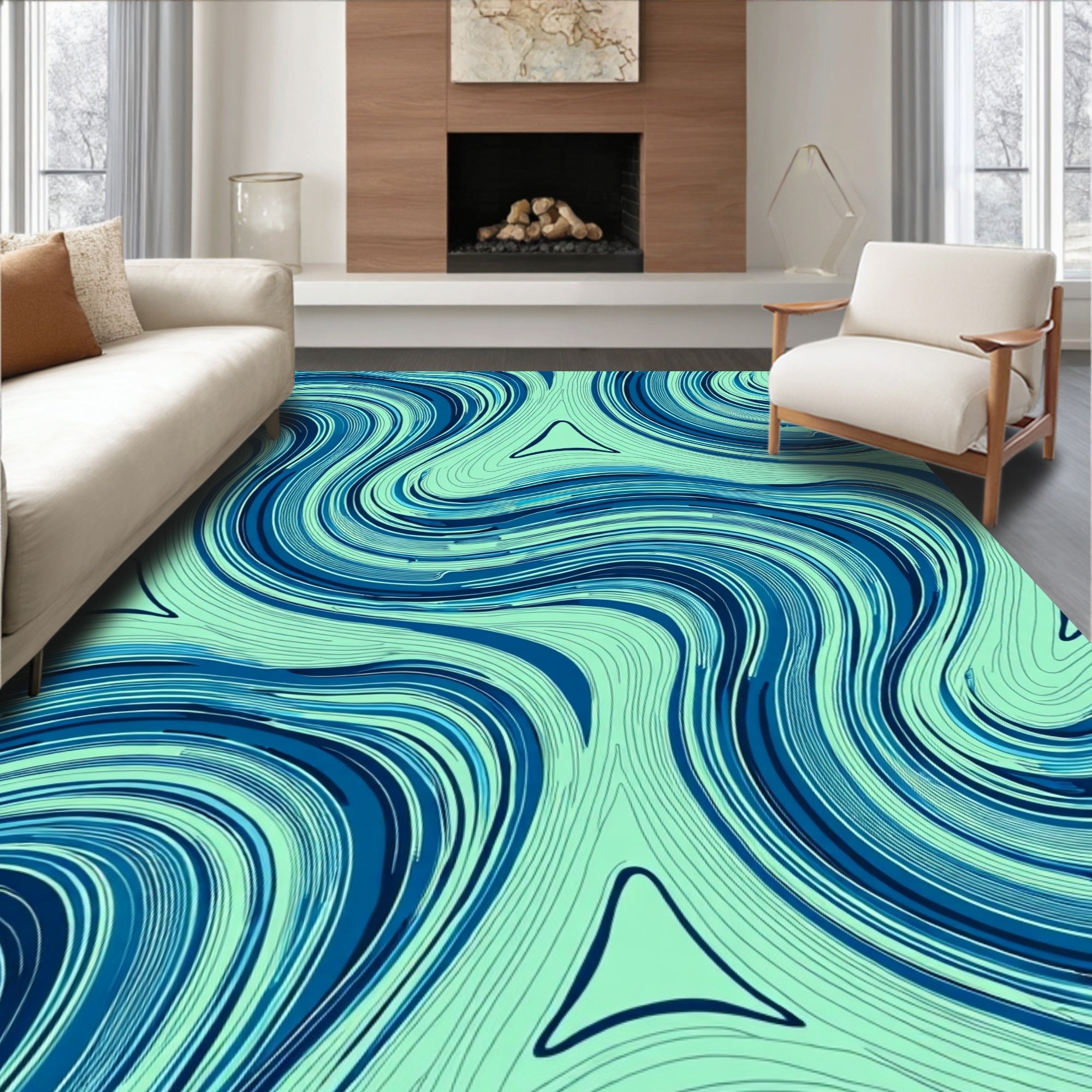 Aqua Blue Marbled Swirls Rug