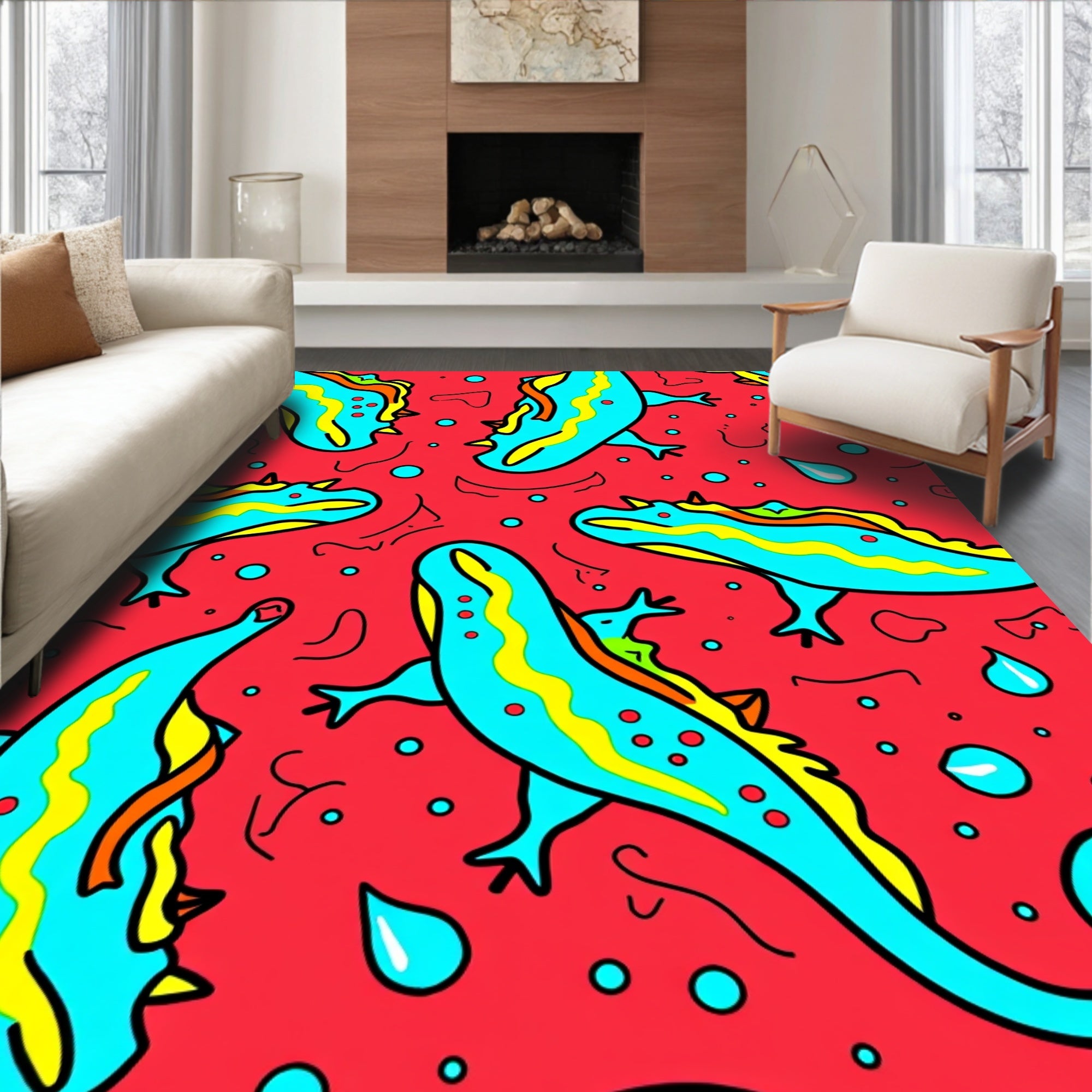 Bright Blue Gecko Red Waves Rug