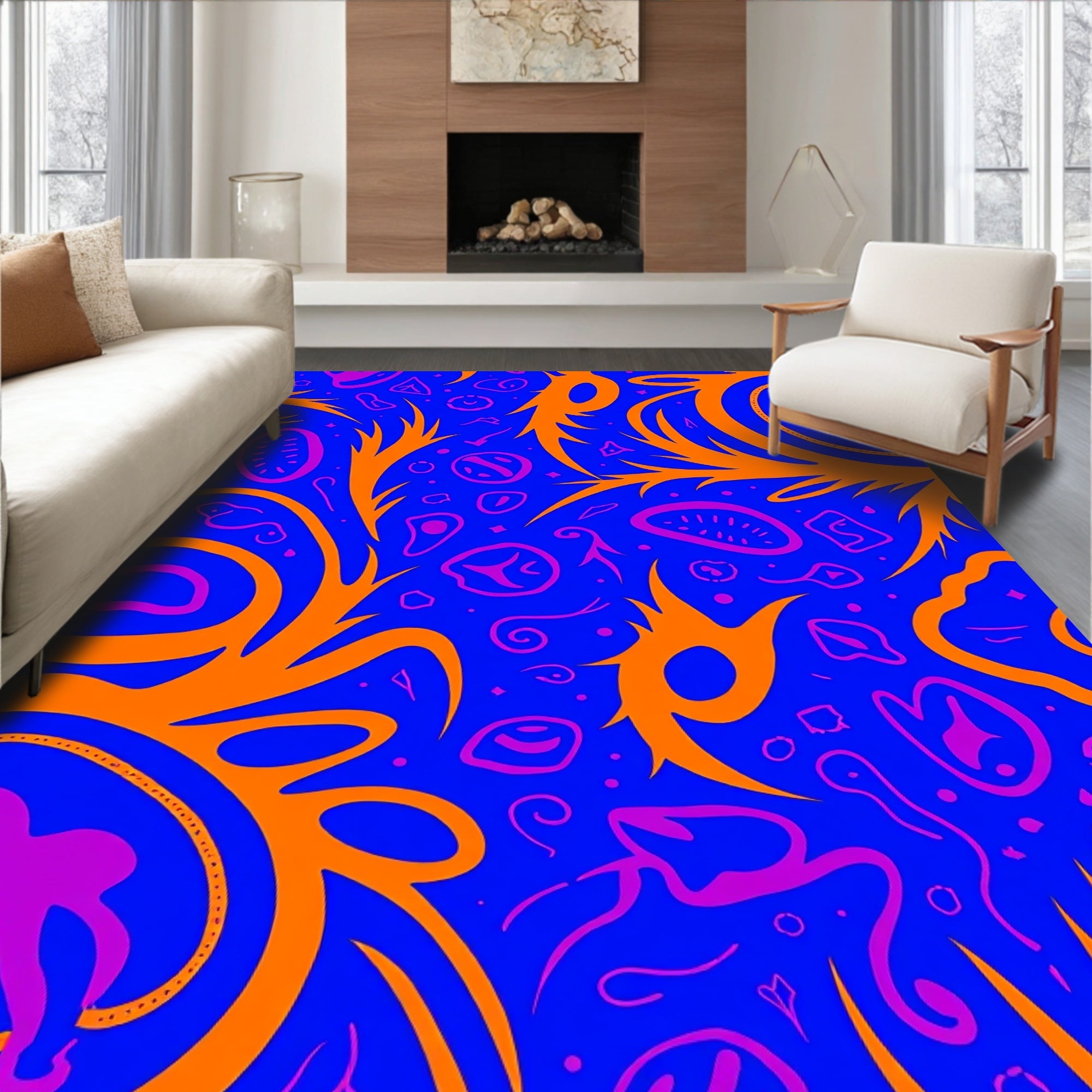 Vibrant Blue Orange Abstract Organic Shapes Rug