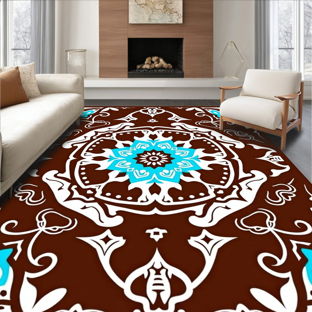Brown White Cyan Floral Medallion Rug