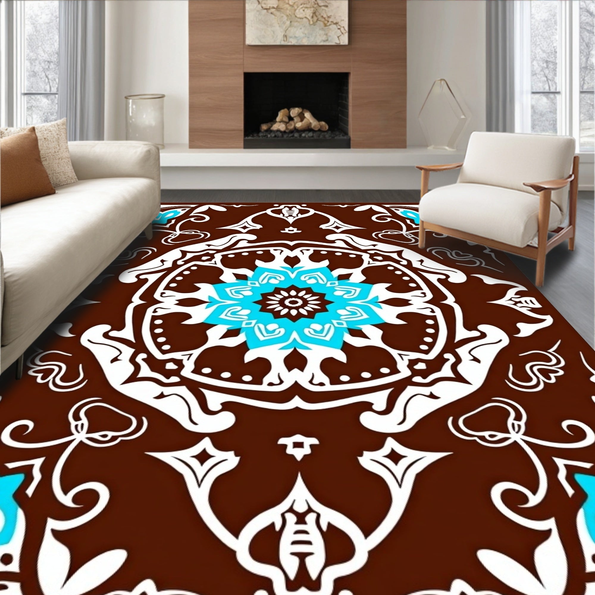 Brown White Cyan Floral Medallion Rug