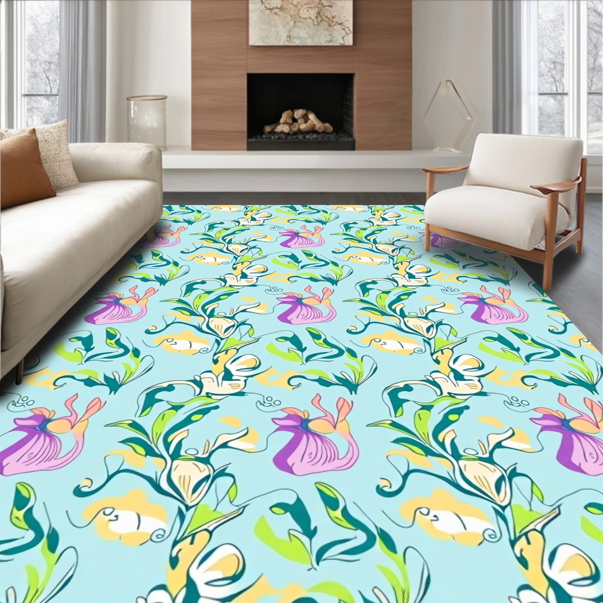 Whimsical Floral Swirls Blue Rug