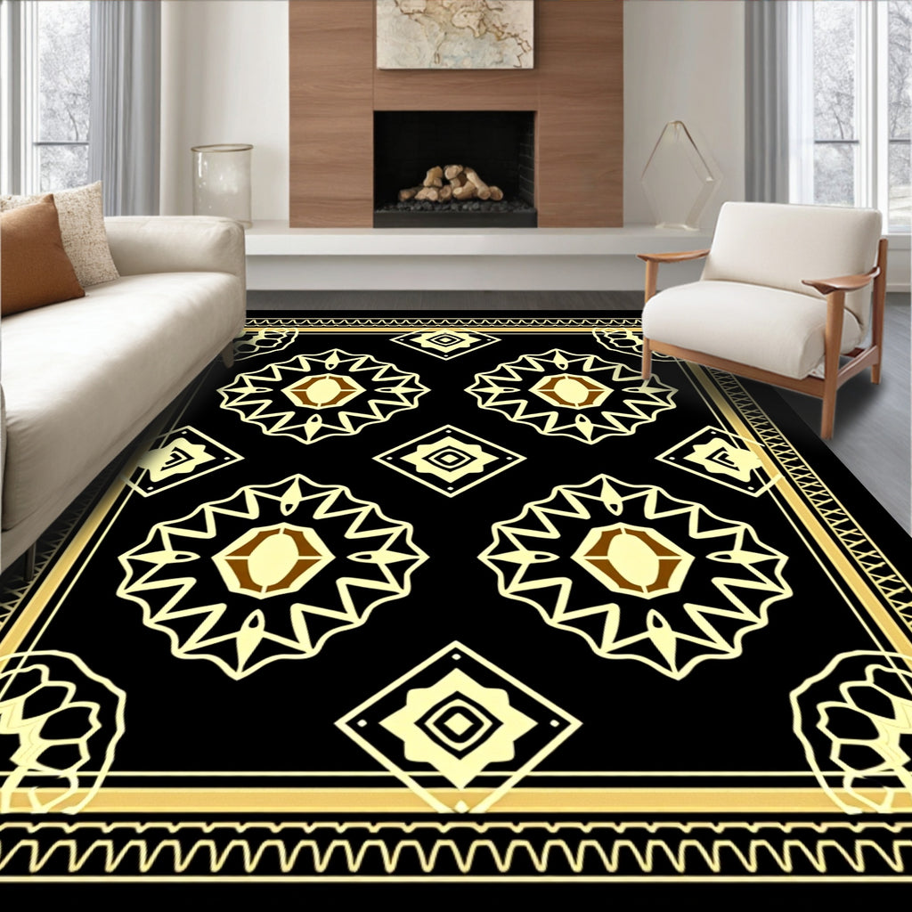 Geometric Sunburst medallion Black gold Rug