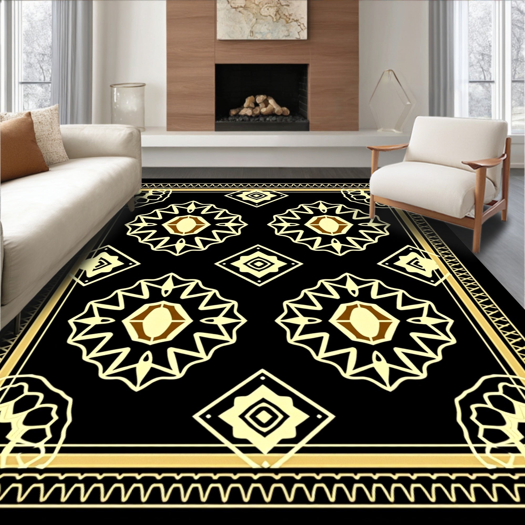 Geometric Sunburst medallion Black gold Rug