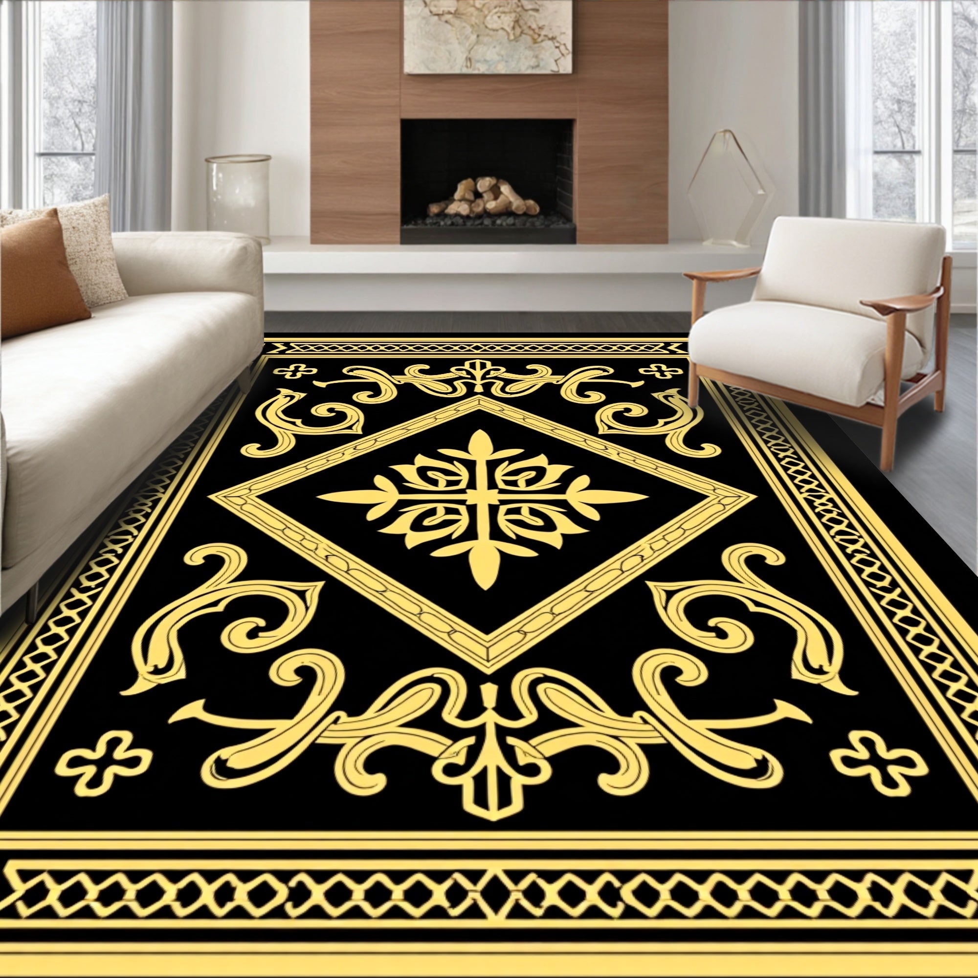 Black and Gold Ornate Scrollwork Diamond Rug