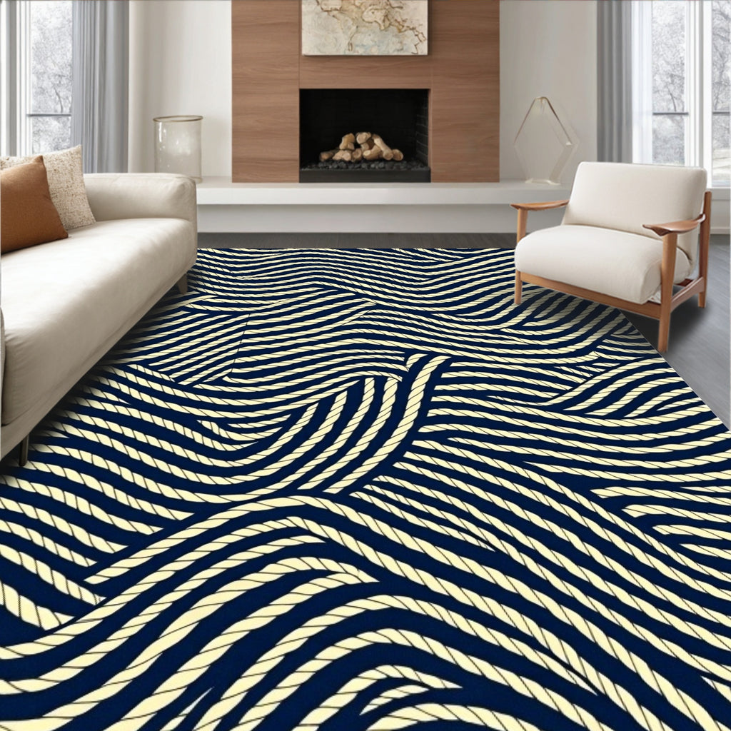 Navy Cream Woven Waves Rug