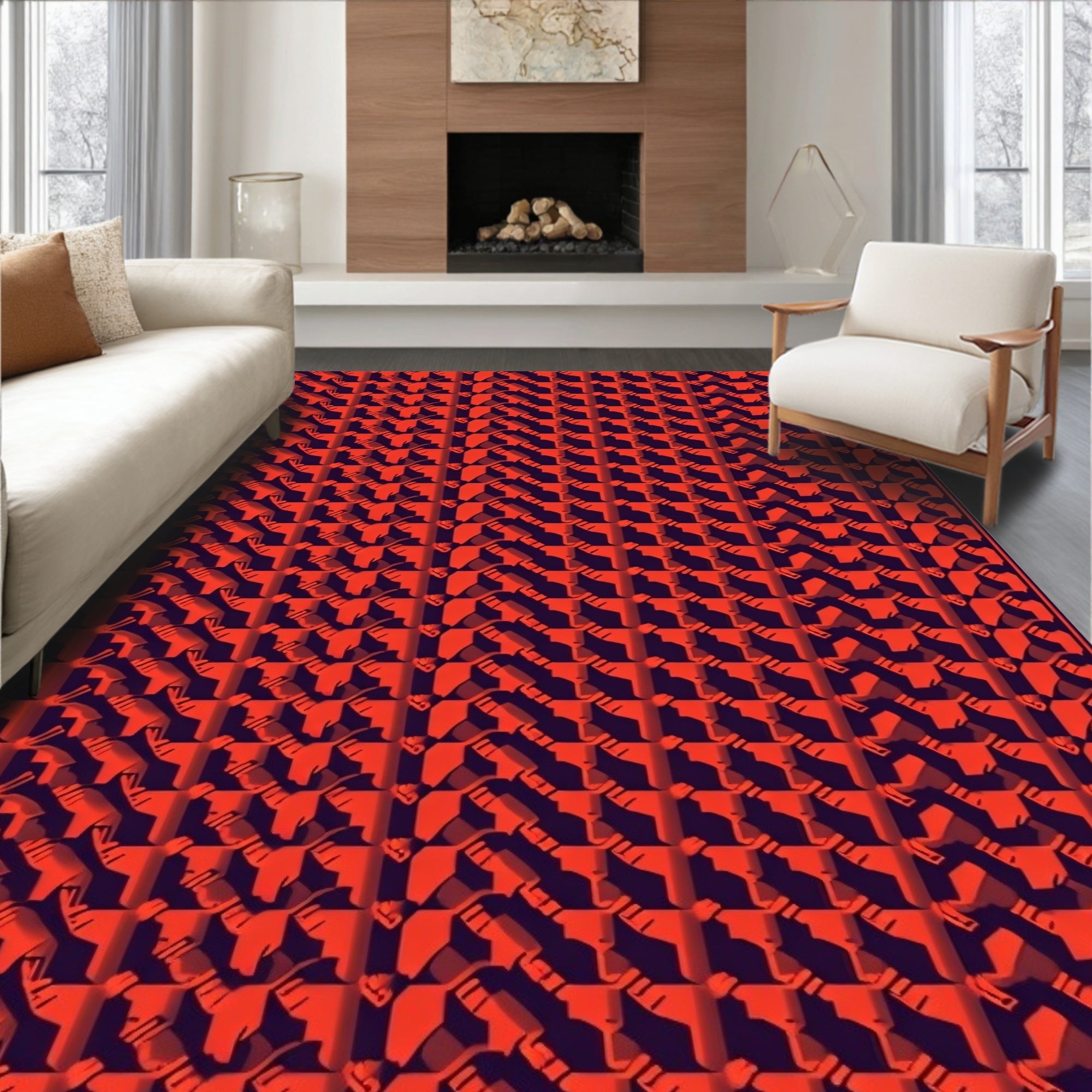 Vibrant Red Geometric Grid Rug