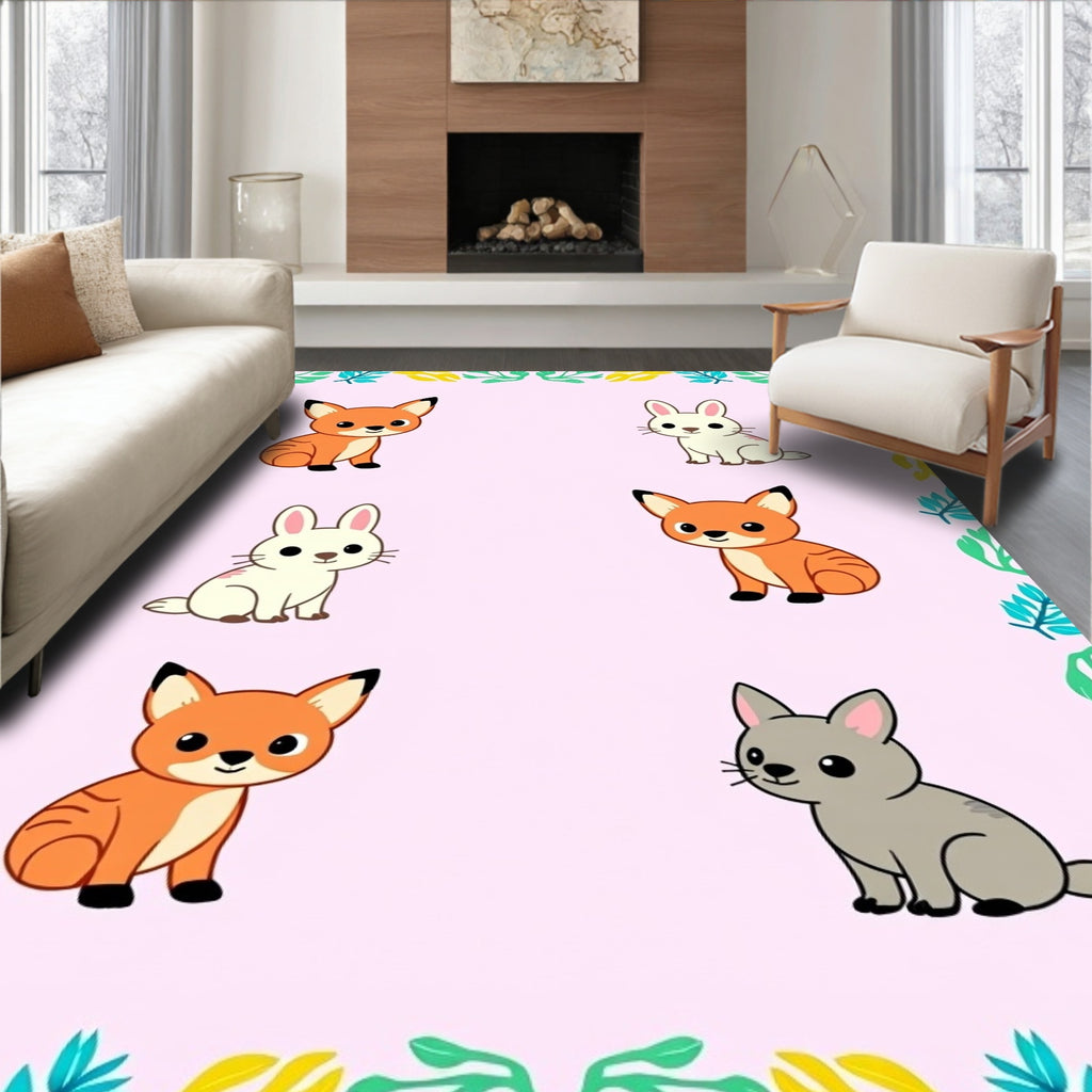 Cute Fox and Rabbit Meadow Companions Rug