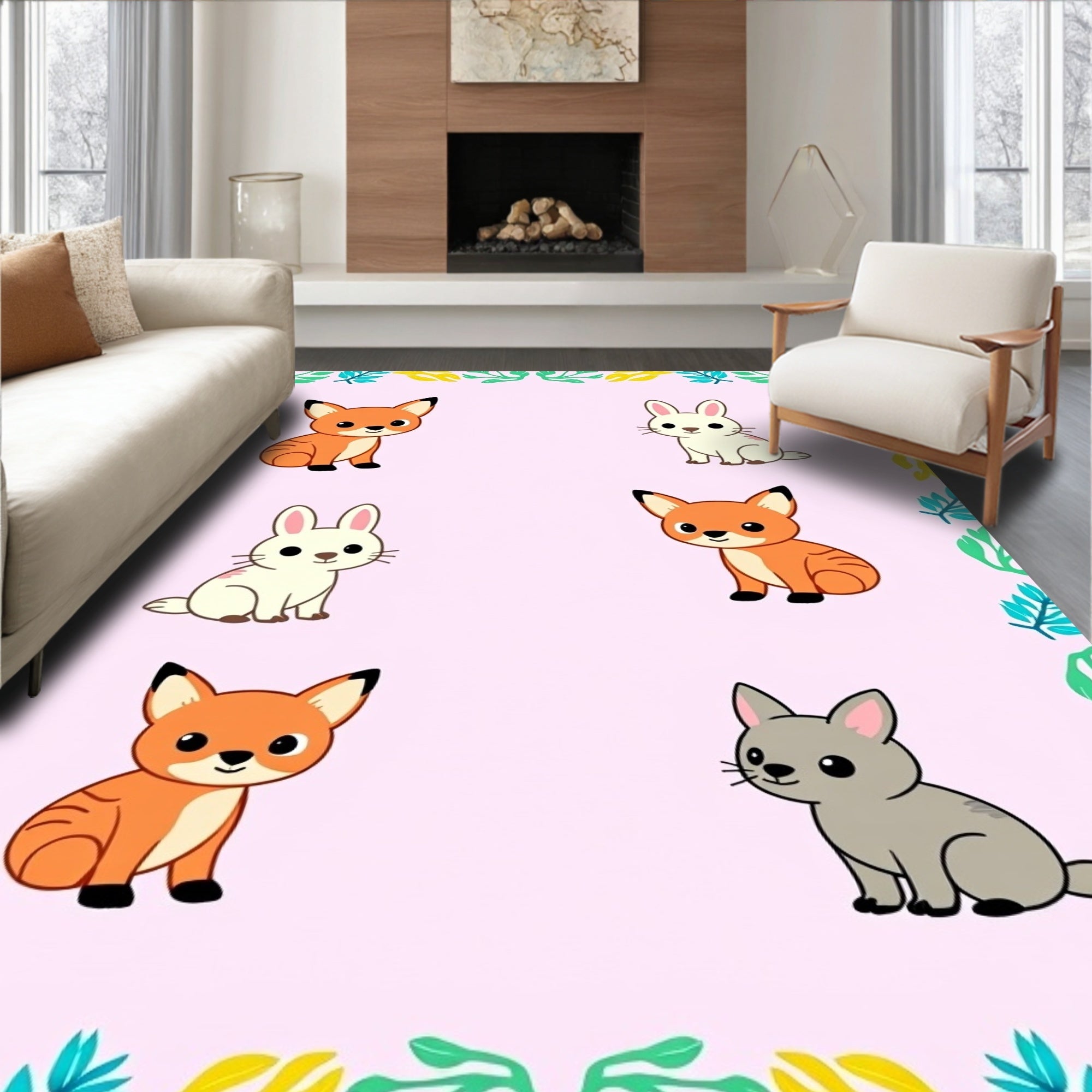 Cute Fox and Rabbit Meadow Companions Rug