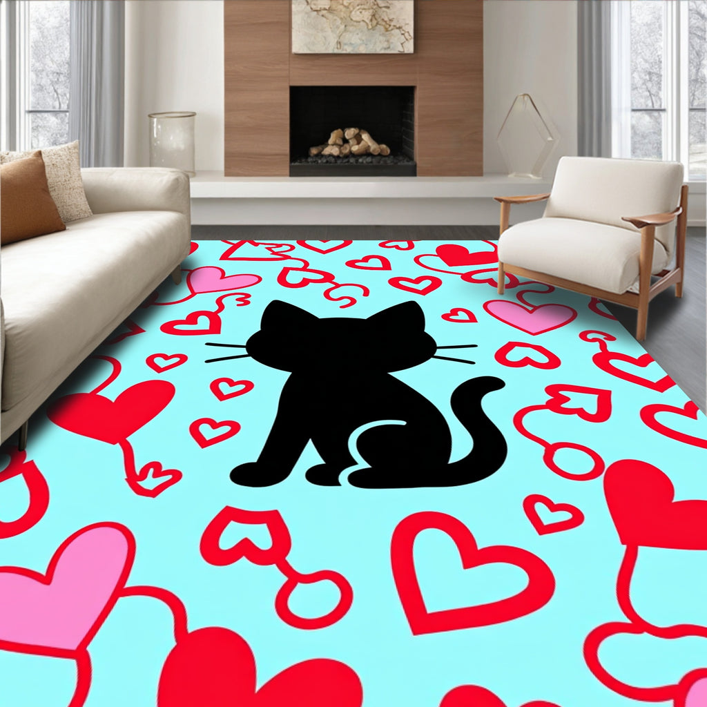 Black Cat Hearts Playful Red Pink Rug