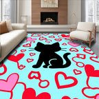 Black Cat Hearts Playful Red Pink Rug