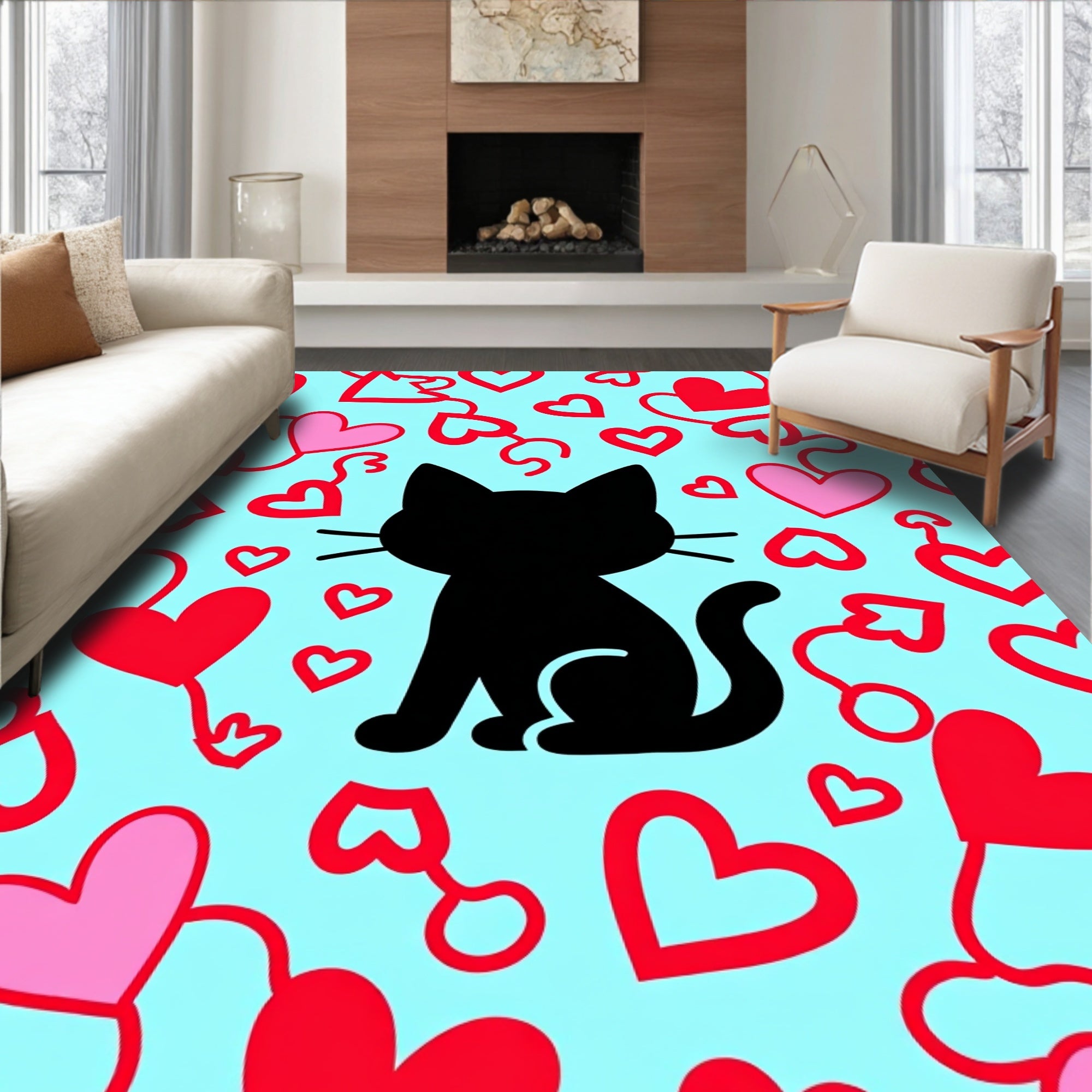 Black Cat Hearts Playful Red Pink Rug