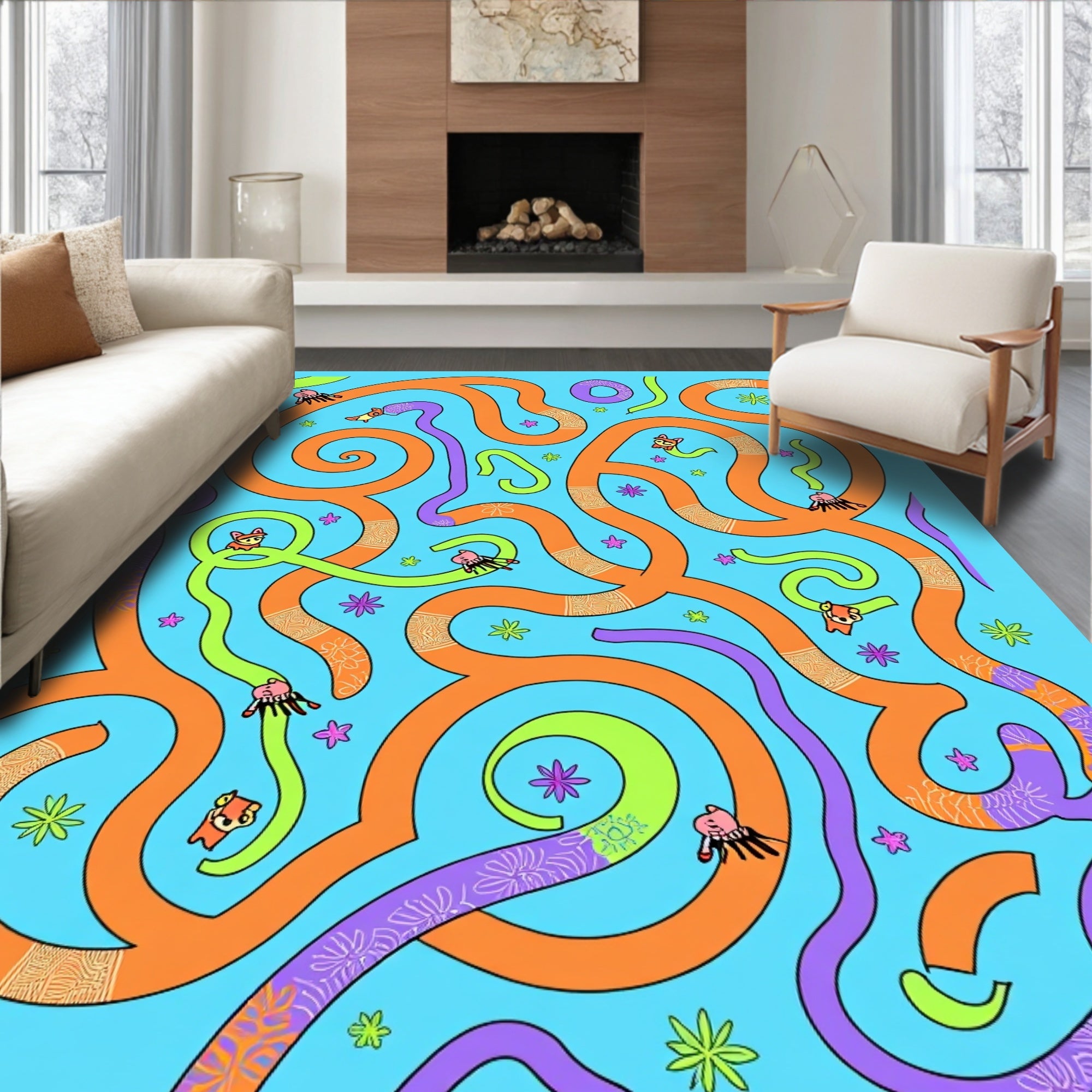 Playful Orange Blue Abstract Creatures Rug