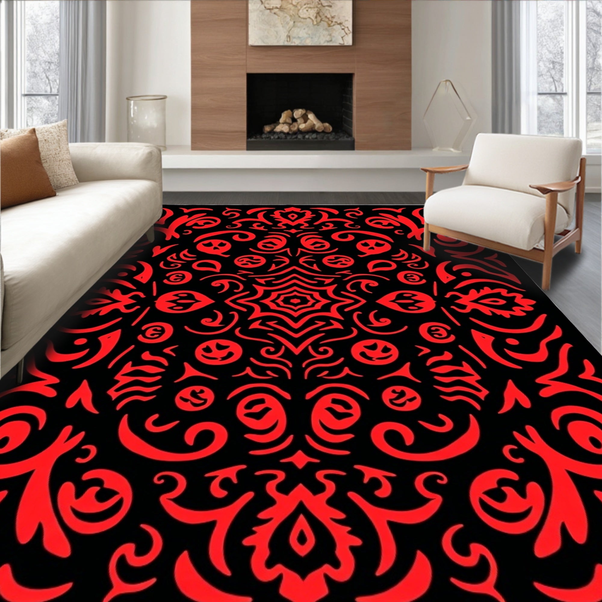 Crimson Black Ornate Swirl Rug