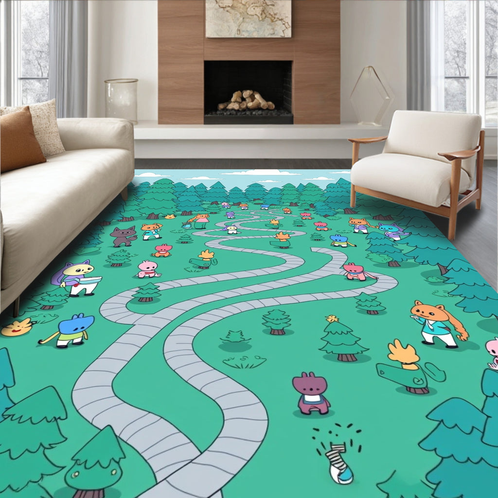 Cute Cat Creatures Forest Path Whimsical Rug
