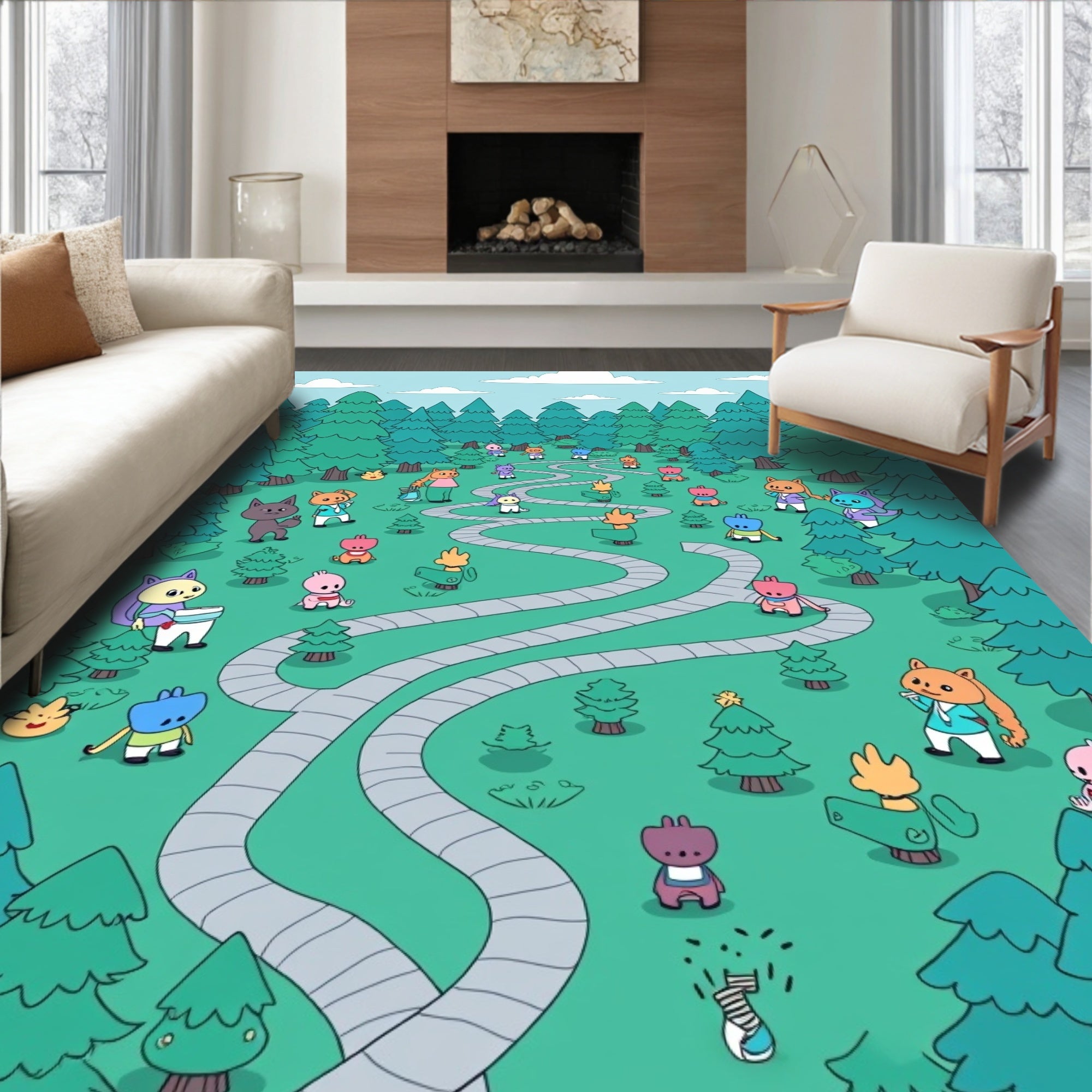 Cute Cat Creatures Forest Path Whimsical Rug