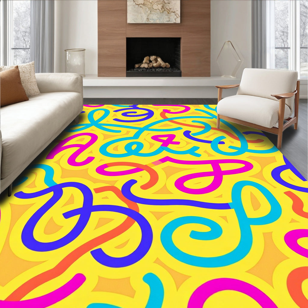 Bright Yellow Scribble Swirl Rug