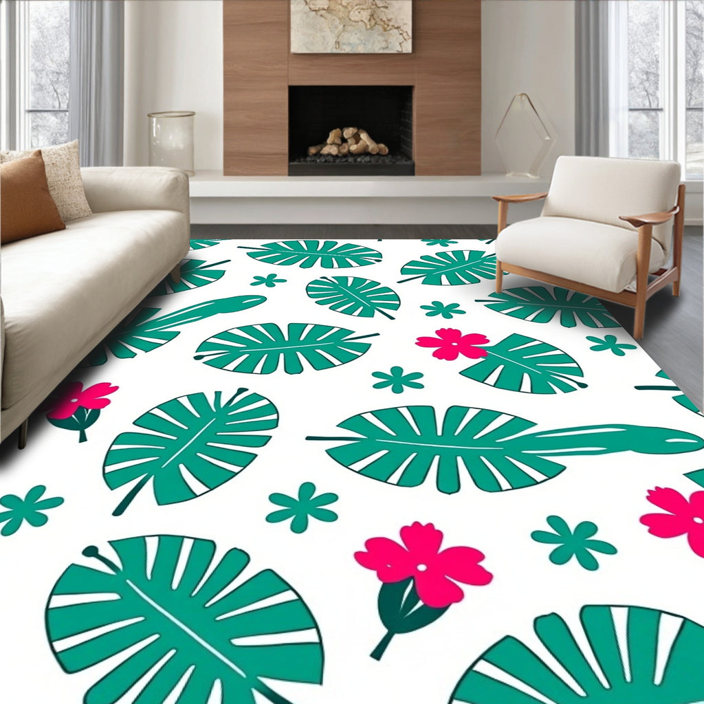 Tropical Green Leaf Pink Flower Burst Rug