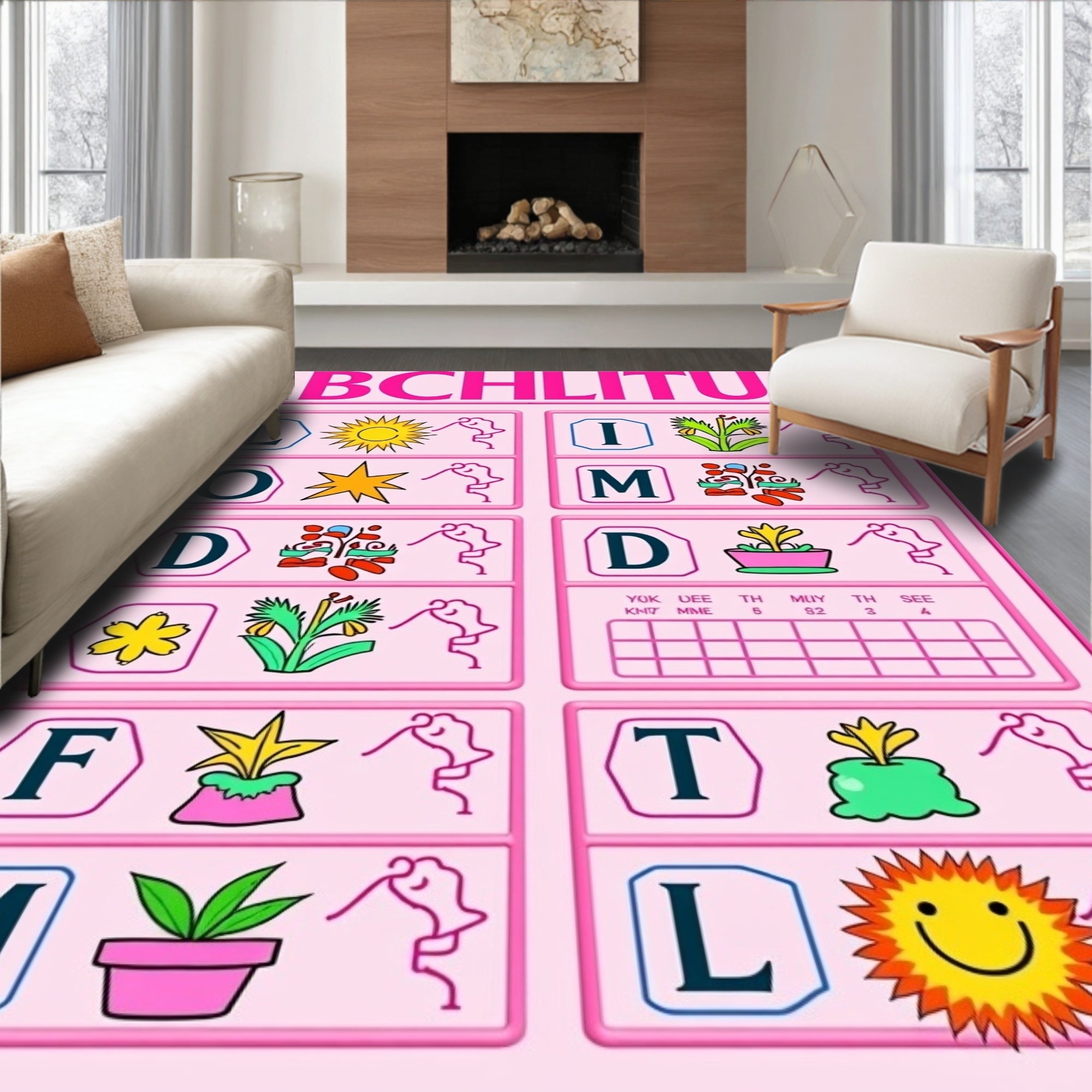 Pink Floral Sun Potted Plant Layout Rug