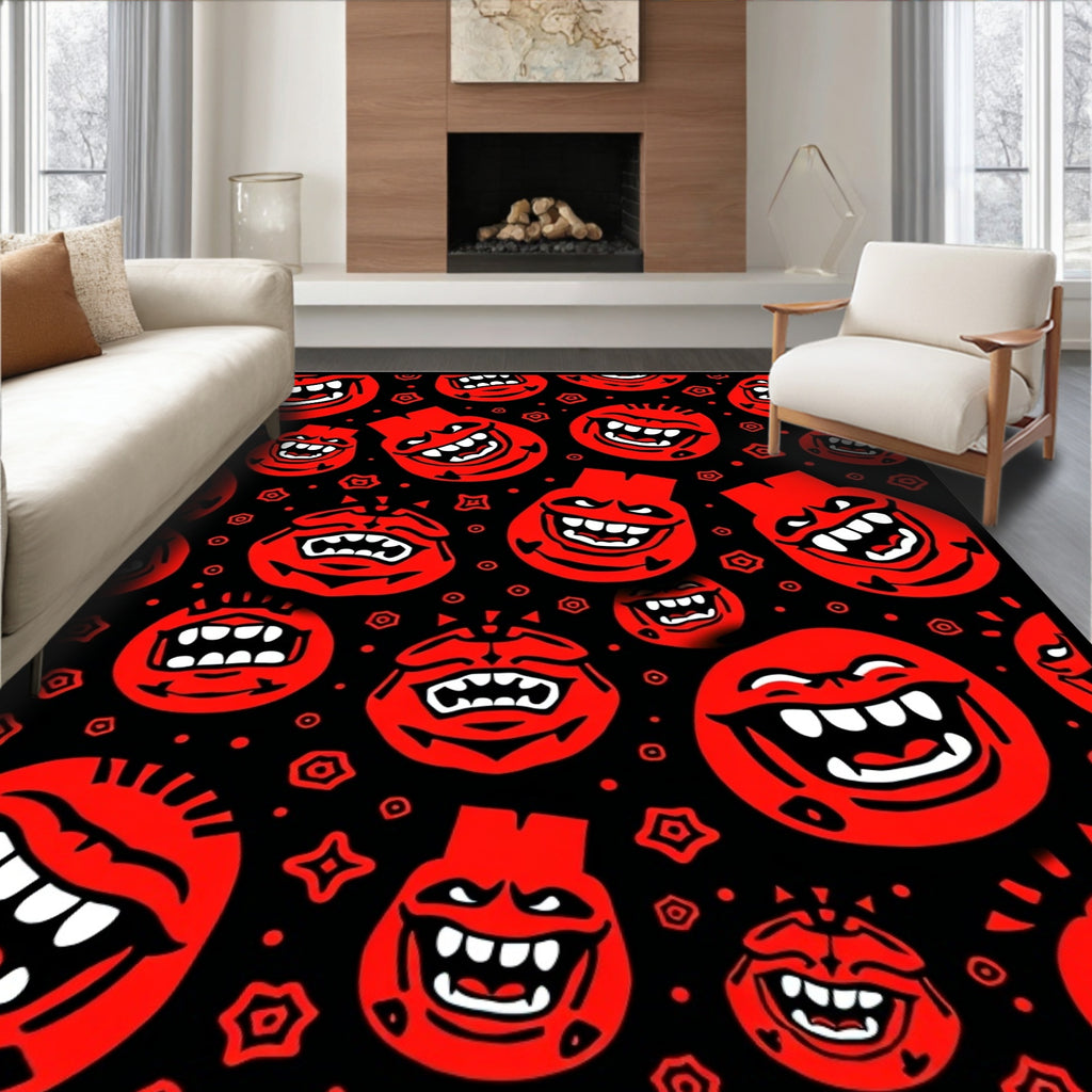 Red Grinning Monster Faces on Black Rug