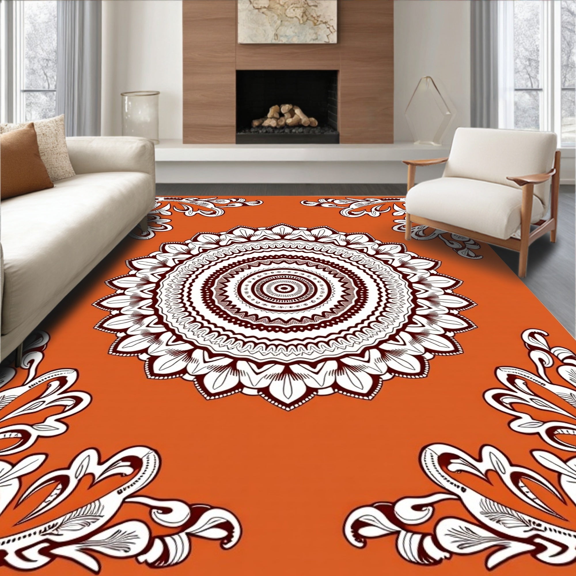 Orange and White Mandala Floral Corners Rug