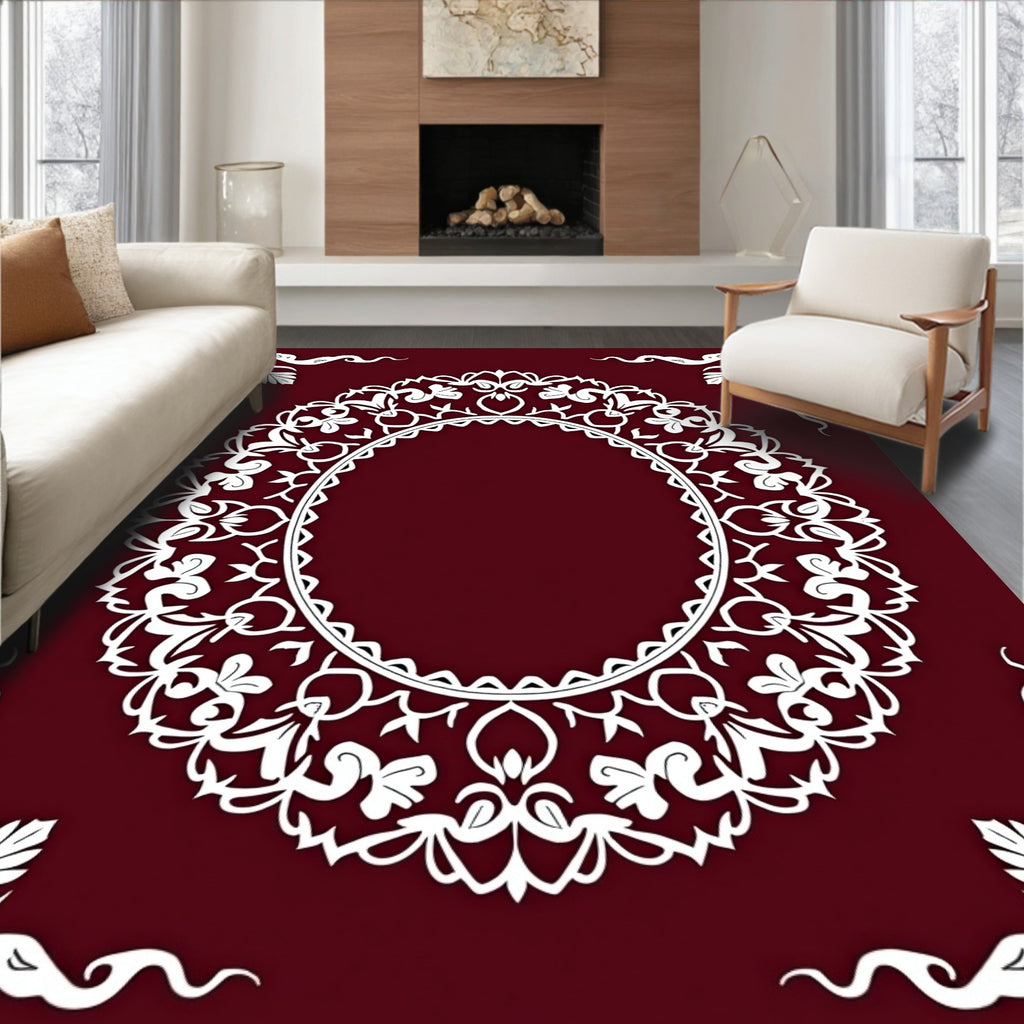 Crimson White Floral Medallion Corners Rug