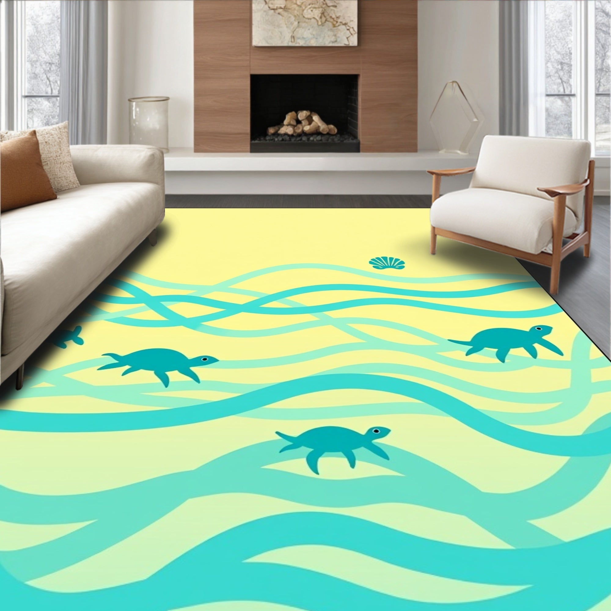 Seashell And Turtle Ocean Waves Rug