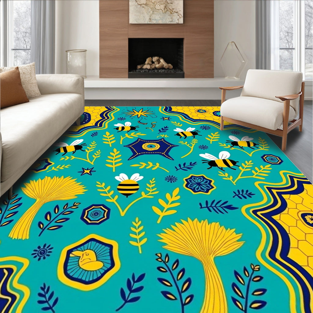 Teal Yellow Bee Hive Garden Tapestry Rug